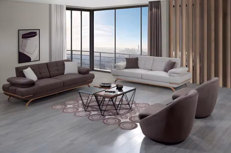 Modernes Sofa Set 3+3+1+1 Couch Polster Design Wohnzimmer Grau Braun Elegant