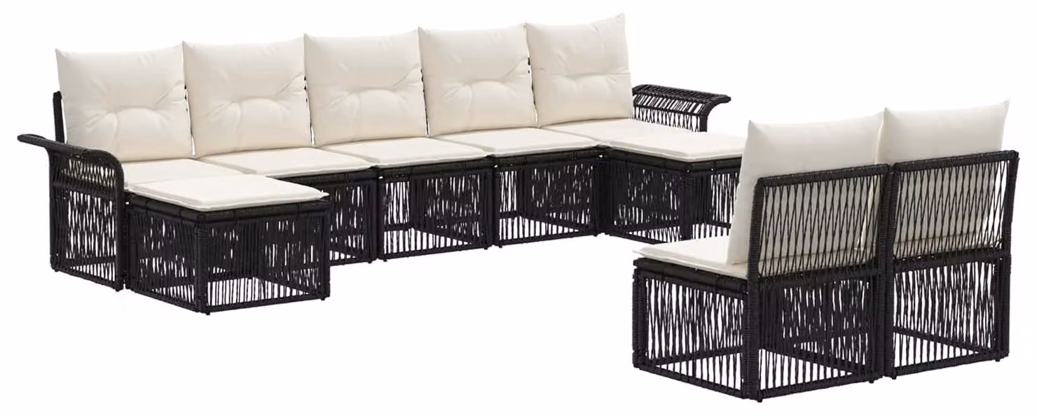 Set da giardino composto da 9 pezzi, colore nero, realizzato in rattan sintetico
