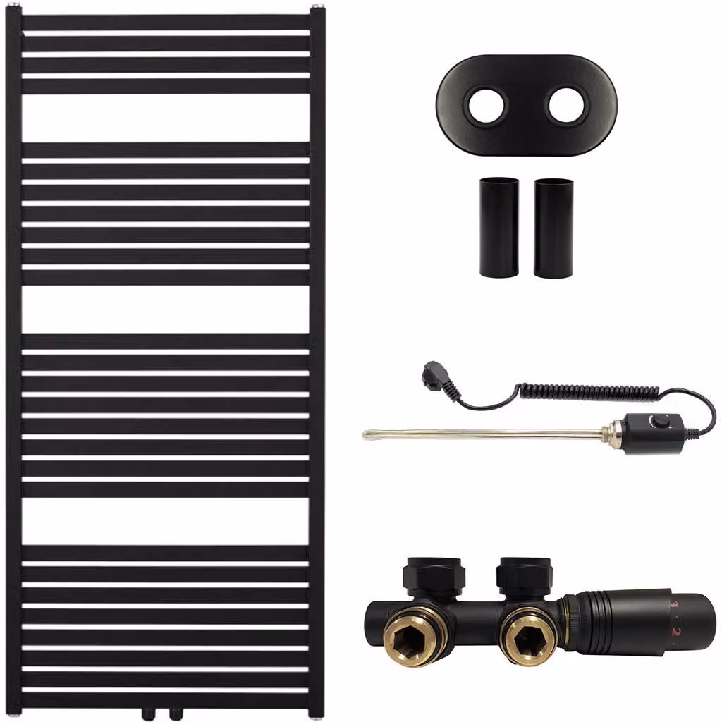 Kit radiatore per bagno Vincenzo - sistema di riscaldamento combinato, barra termica - attacco centrale da 50 mm - 600W - nero opaco - 1340x600 mm