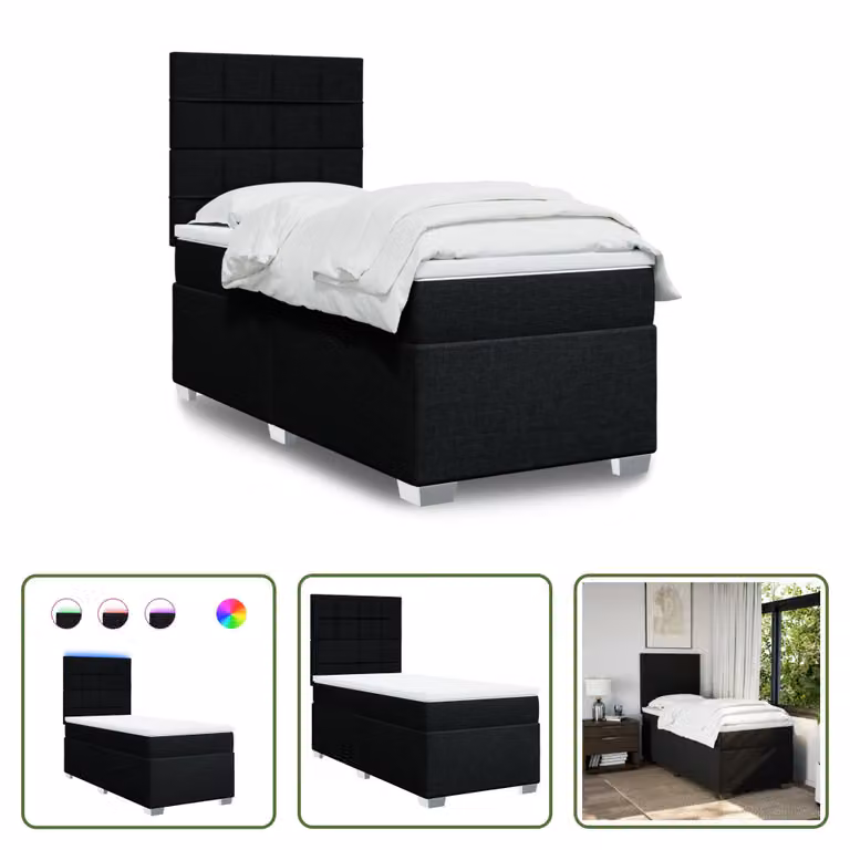 The Living Store Letto a molle con materasso nero 100x200 cm in tessuto