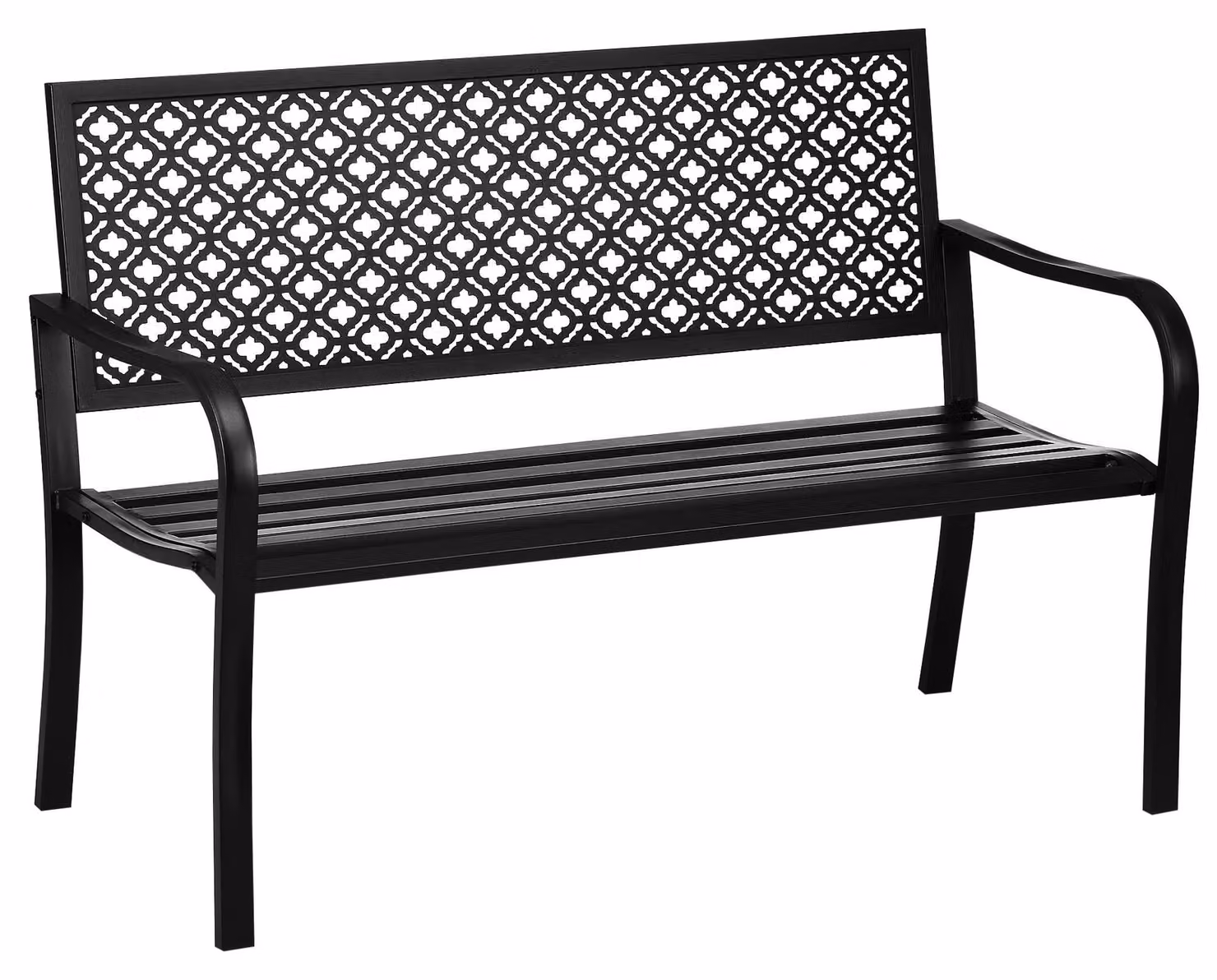 Panca da giardino Moonbite, modello a due posti, con schienale e braccioli, struttura in acciaio, motivo floreale geometrico, portata massima 240 kg, dimensioni 127x63x83 cm, colore nero