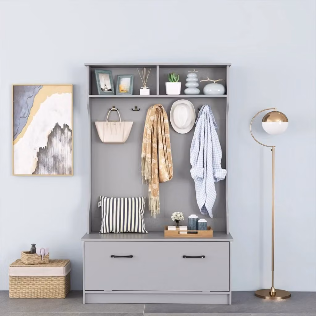 Armadio ingresso multifunzionale Design Mania con panca e appendiabiti, Grigio opaco, H: 160 cm, L: 90 cm, P: 40 cm – 2