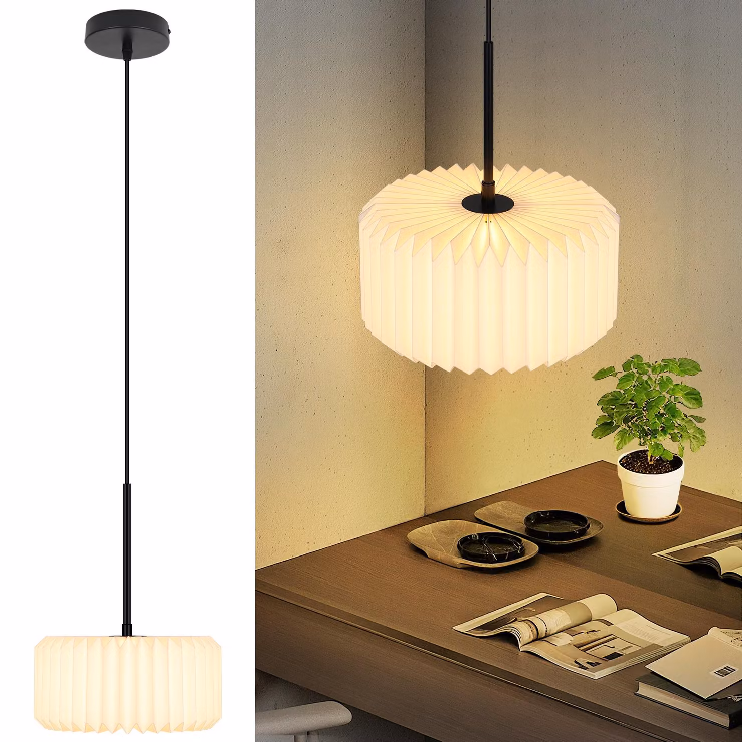 Lampada a sospensione ZMH, paralume in carta bianca, attacco G9, una luce, ideale per tavoli da pranzo, stile vintage, lampada da pranzo, paralume senza lampadina