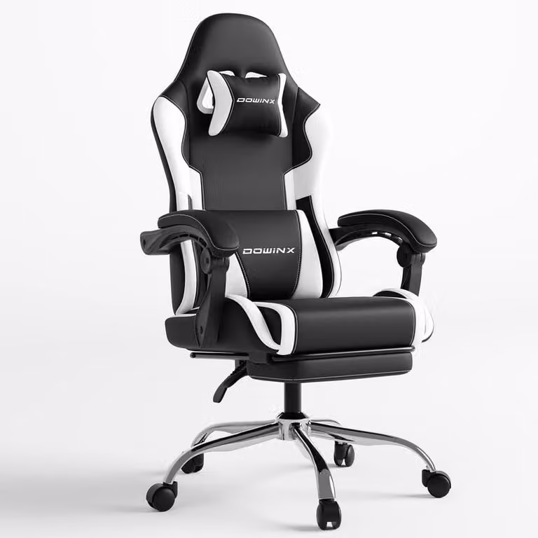 Sedia da gaming con poggiapiedi e supporto lombare massaggiante. Sedia ergonomica da gaming, confortevole, con poggiatesta, disponibile in colore nero e bianco