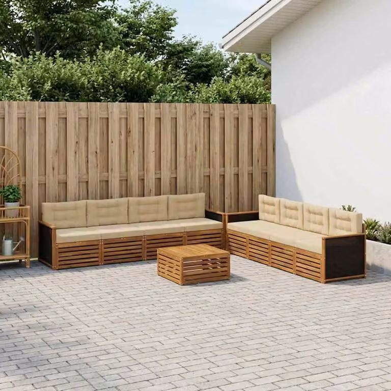 Set di divani da esterno vidaXL a forma di L composto da 9 pezzi con tavolo da caffè, in legno di acacia e tessuto beige e marrone