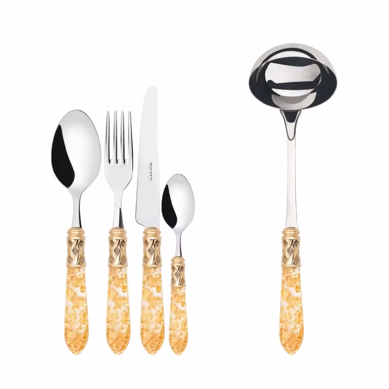 Set di posate Aladdin 49 pezzi in acciaio inossidabile con ghiera dorata e custodia Wengè, colore oro