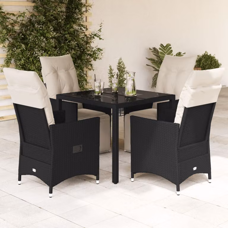 Set da Pranzo da Giardino vidaXL 5 pz in Polyrattan Nero con Cuscini e Tavolo in Vetro