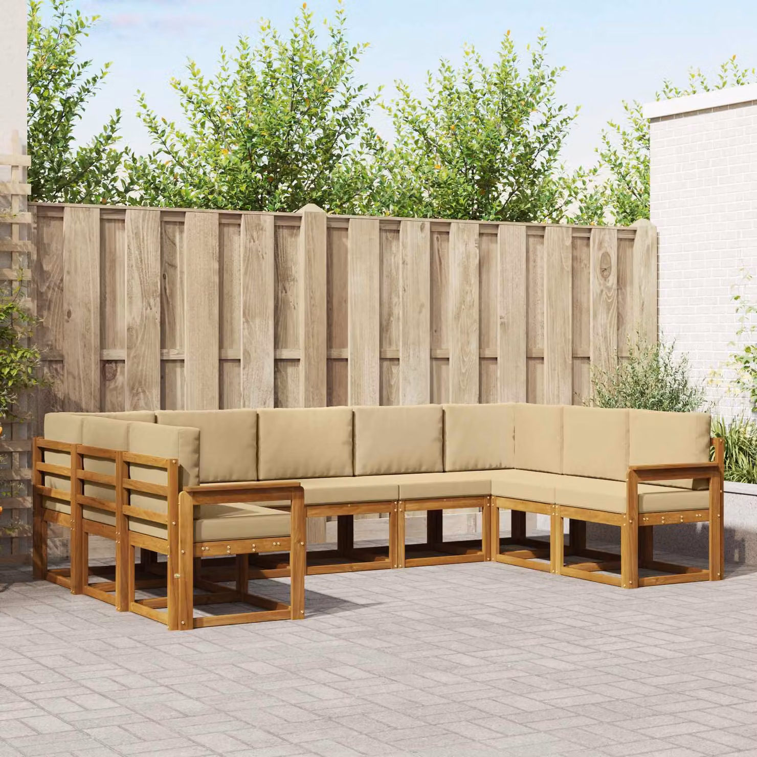 vidaXL Set di divani da esterno a forma di U composto da 9 pezzi in legno di acacia con cuscini beige e marrone