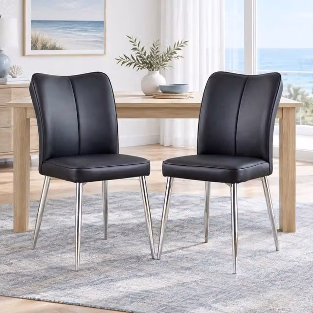 Set da 2 sedie da pranzo nere moderne con gambe in metallo argento, altezza 89 cm, rivestimento in PU, per ufficio e ristoranti
