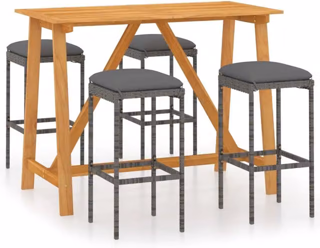 Set da Bar da Giardino 5 pz | Set Salotto da Giardino con Cuscini in Polyrattan Grigio