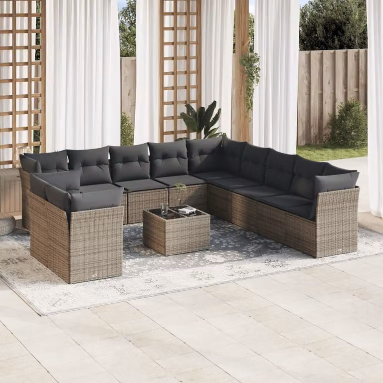 Set di divani da giardino vidaXL in polyrattan grigio con cuscini e tavolino da esterno a forma di L
