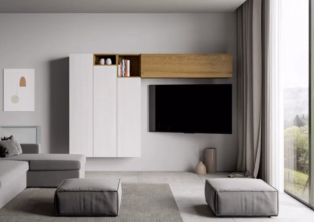 Composizione parete soggiorno moderna Itamoby A22 bianca con ante a battente e mensole aperte L: 274 cm, H: 173,6 cm, P: 39,2 cm – 2