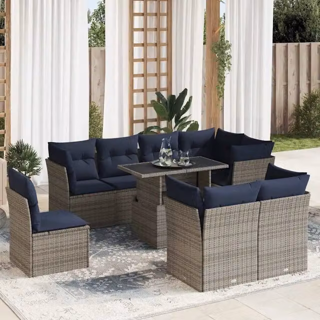 Set Divano da Giardino 9pz con Cuscini Grigio Polyrattan Acacia 3326182