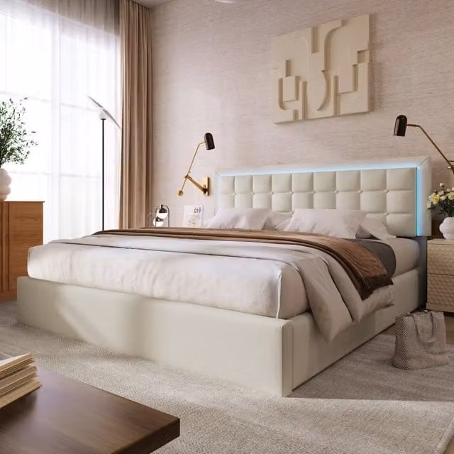 Letto contenitore Mivray con LED e rete a doghe, rivestito in similpelle bianca con testiera trapuntata, L/P: 160 x 200 cm, H: 105 cm