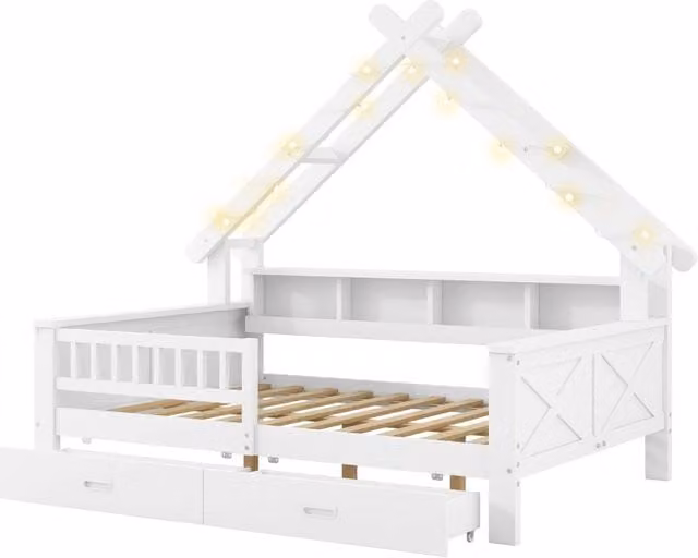 Letto a piattaforma per bambini a forma di casa 140x200 cm con illuminazione LED, cassetti, ripiani e sponda protettiva bianco