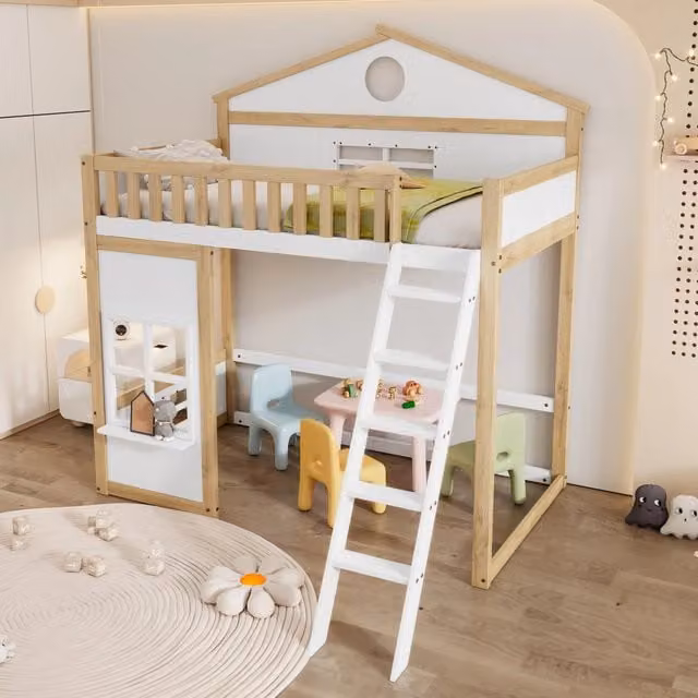 letto a castello in legno massello e mdf bianco e naturale 90x200 cm