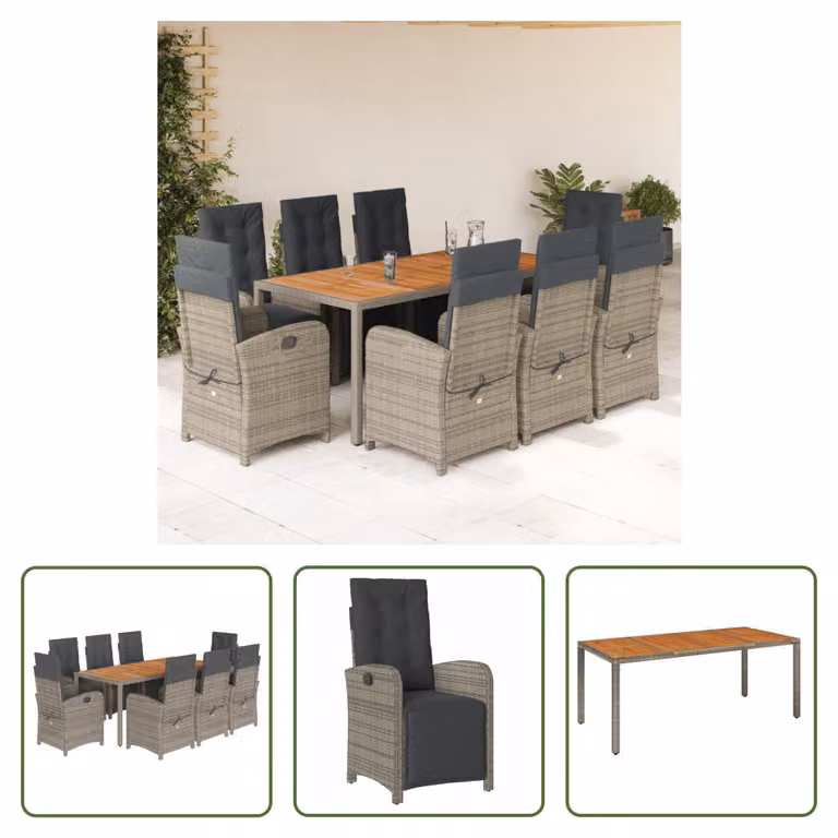 The Living Store Set da pranzo da giardino 9 pezzi con cuscini in poly rattan grigio