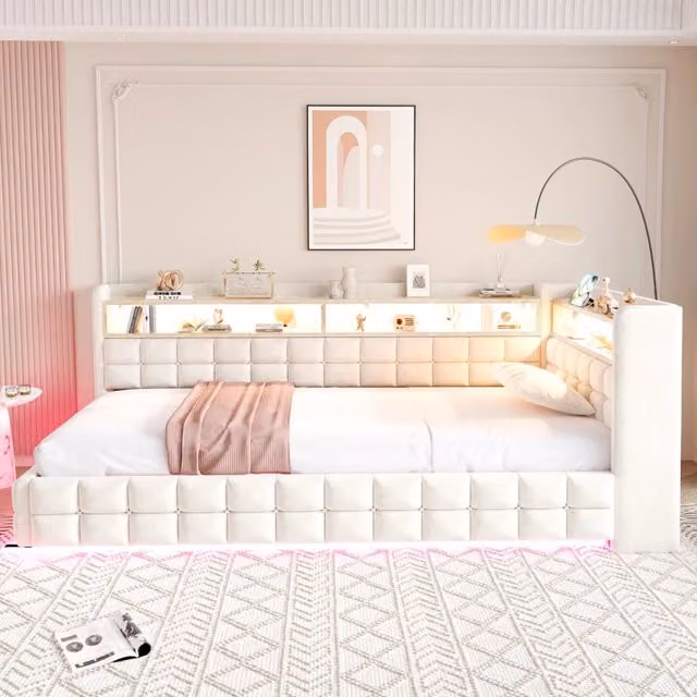 Letto divano 90 × 200 cm con contenitore idraulico, ripiani in legno, LED, USB e Type-C, senza materasso, beige
