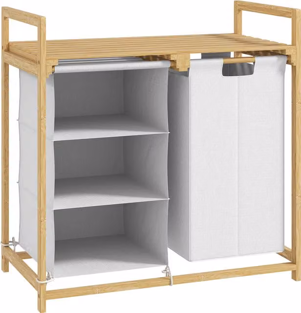 Cesto portabiancheria HOMCOM bianco con 2 borse estraibili, maniglie e ripiano in bambù, L: 70 cm, P: 36 cm, H: 70 cm