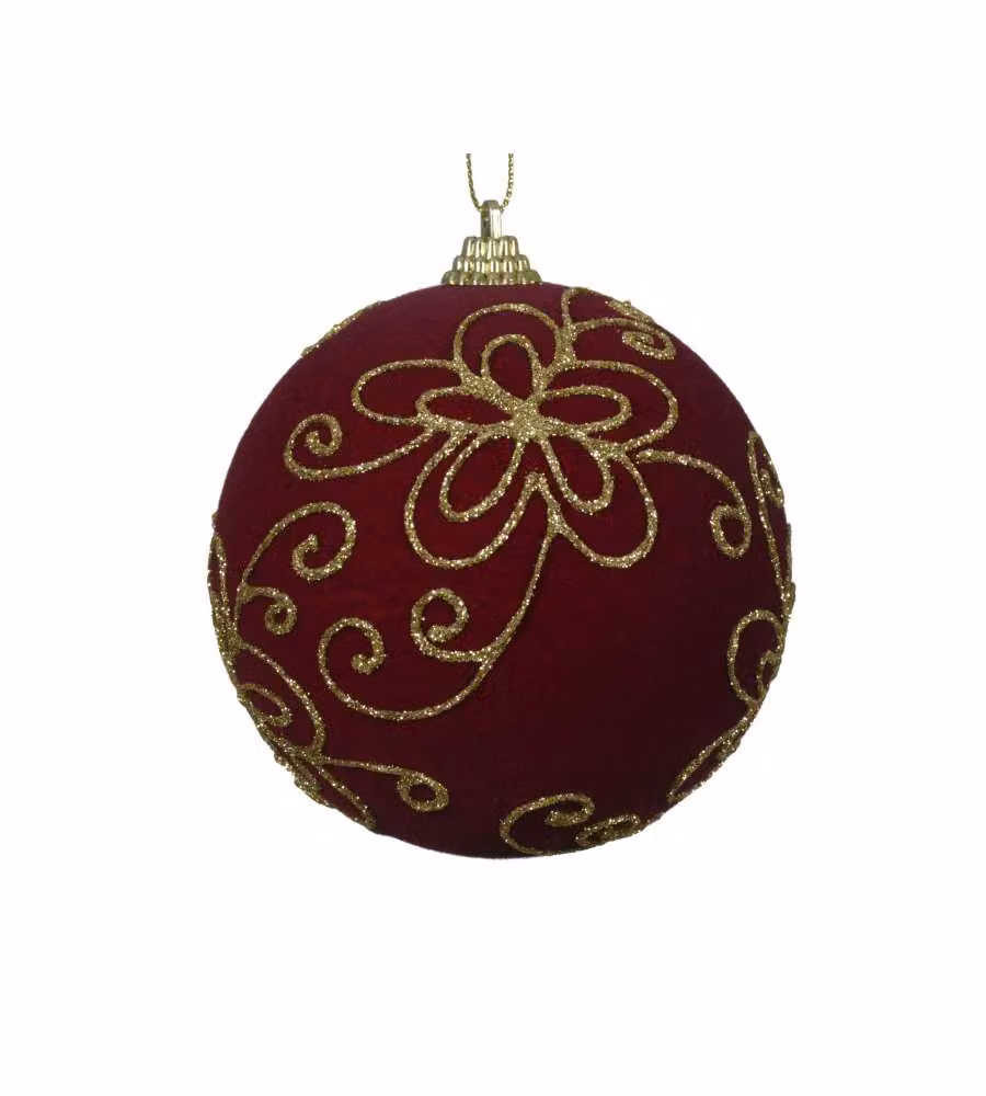 Decoris Pallina di Natale Velluto Bordeaux 10 cm Decorata Oro