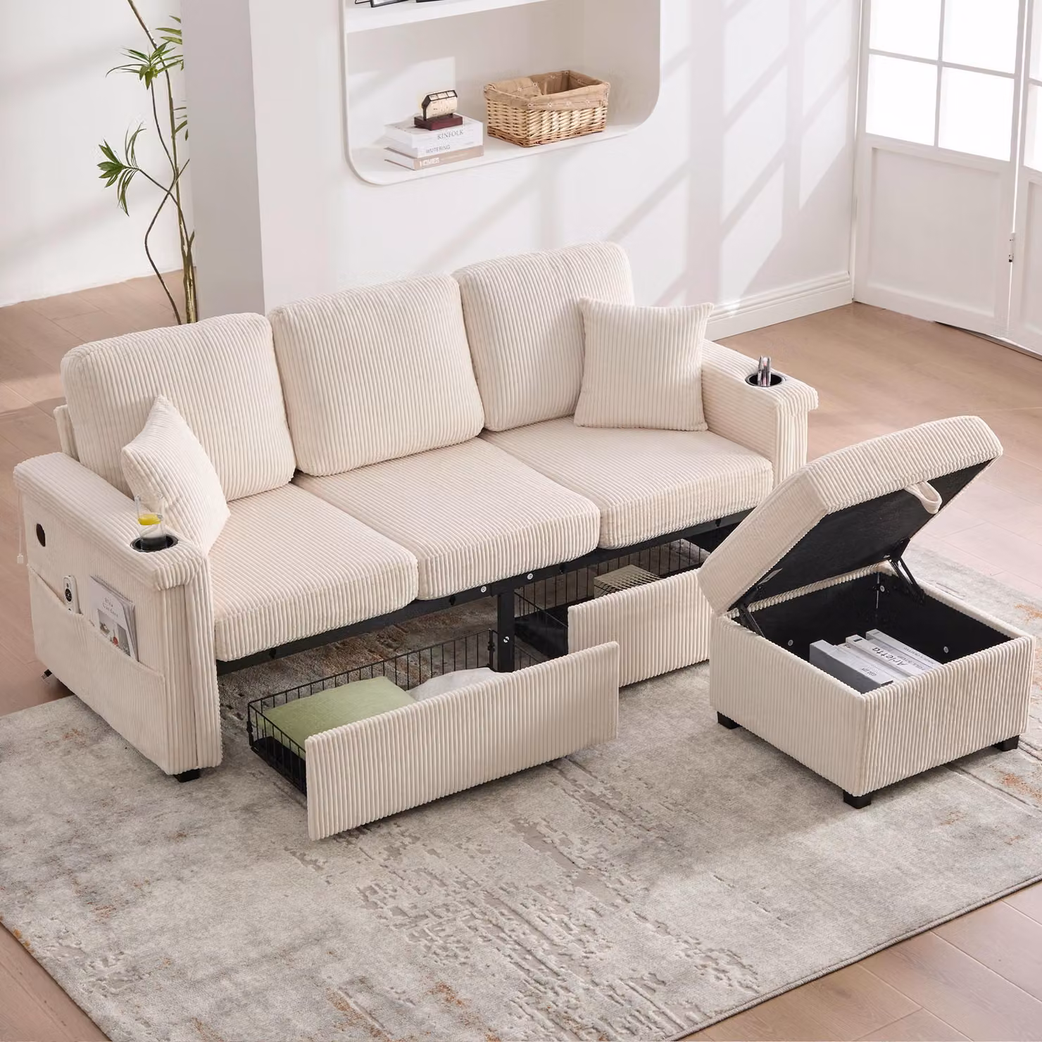 LVHOM Divano angolare modulare con LED e USB, divano a 3 posti con pouf e cassetti, divano imbottito in tessuto a coste, beige