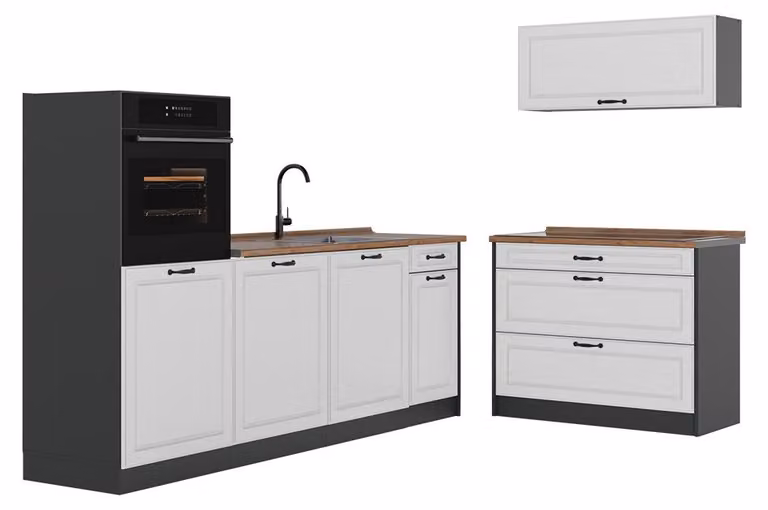 Cucina componibile Vicco R-Line Bianco country/Antracite 220 cm senza piano di lavoro, Model 68121