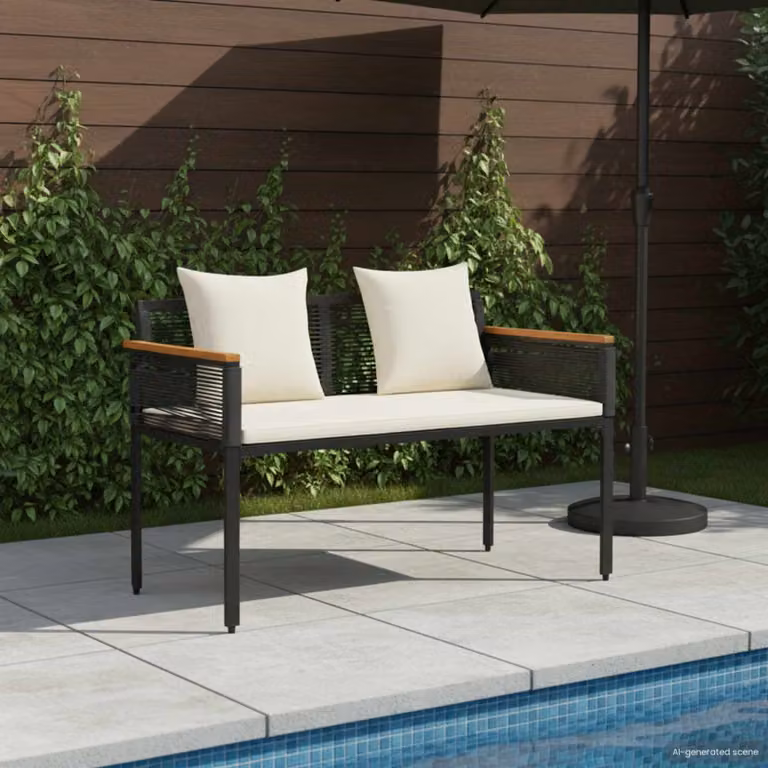 Panchina da esterno a 2 posti vidaXL in polyrattan con cuscini, L: 117 cm, P: 54 cm, H: 74.5 cm
