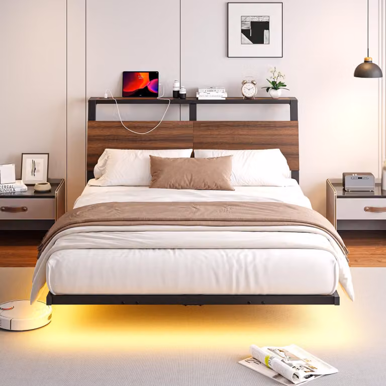 Letto sospeso 135x190 cm con illuminazione a LED e base di ricarica, in metallo