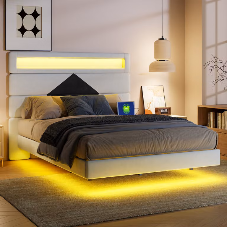 Letto imbottito 140 x 190 cm matrimoniale con USB e Led, struttura letto singolo letto matrimoniale design letto con rete a doghe testata supporto doghe in legno, struttura letto 140x200