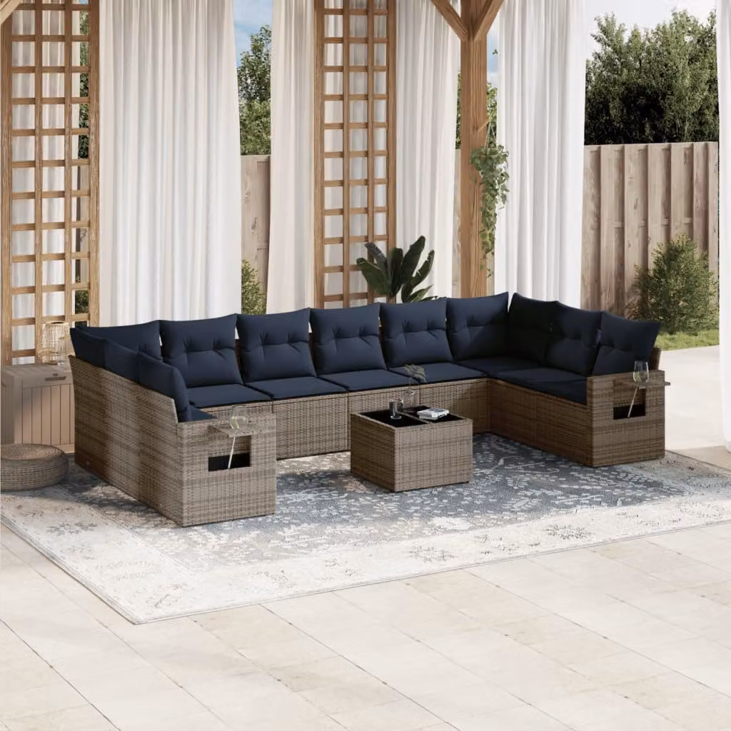 Set di divani da giardino vidaXL in polyrattan grigio con 11 pezzi, include elementi angolari, tavolino da esterno e cuscini con rivestimento resistente ai raggi UV