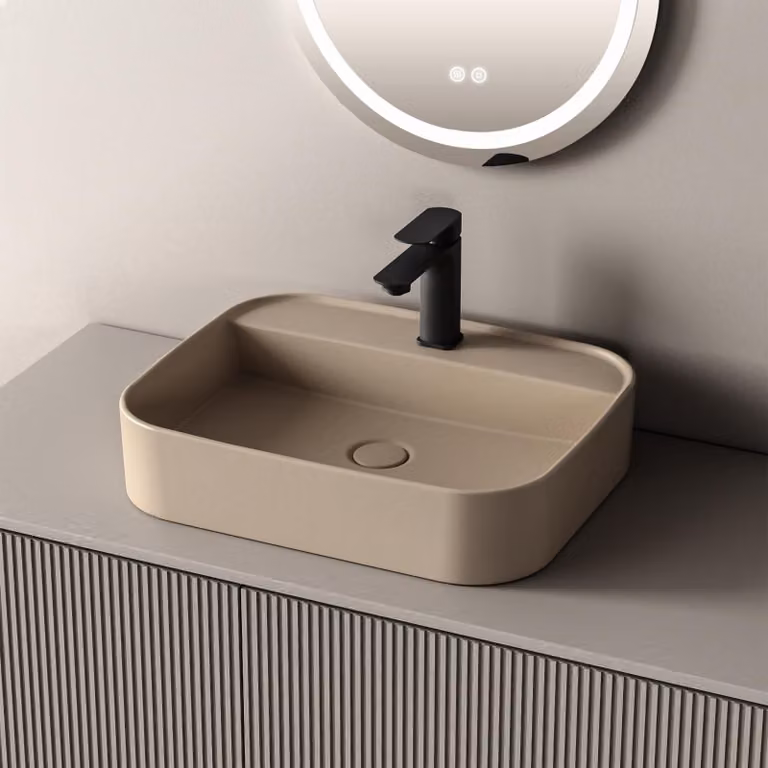 EMKE, lavabo da bagno, forma quadrata, 50,2 x 40,1 x 11 cm, colore beige chiaro opaco