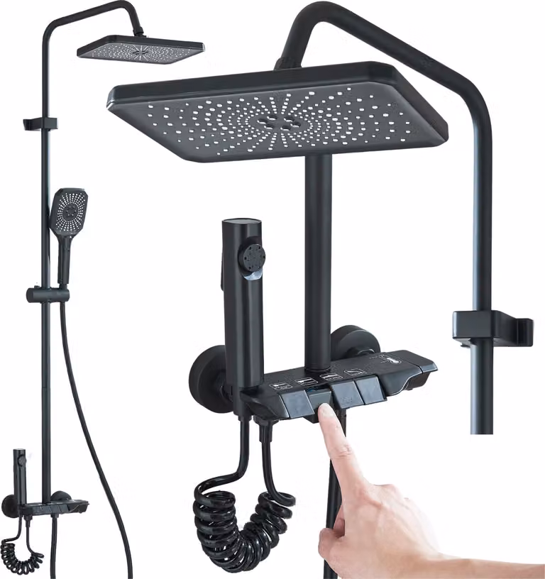 Rubinetto doccia con bidet, Ari, nero, beccuccio girevole 360 gradi, cartuccia in Vetroceramica, set multifunzione con soffione e doccetta