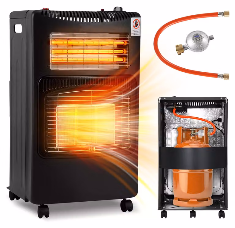 Ikodm, riscaldatore 2-in-1 a gas ed elettrico, 4200W/1200W, con elementi riscaldanti in Vetroceramica e quarzo, 3 livelli di potenza a gas, sistema di accensione elettronica (ODS), 5 ruote