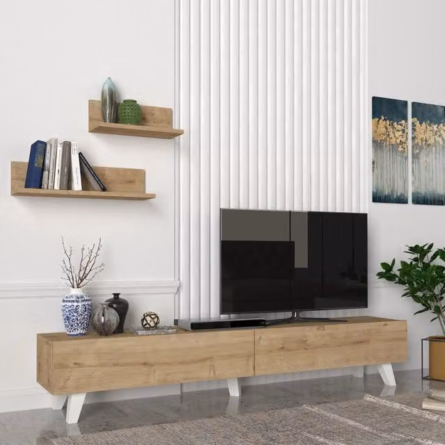 Set Mobile TV en.casa con 2 Mensole da Muro, Effetto Rovere Marrone, L: 180 cm
