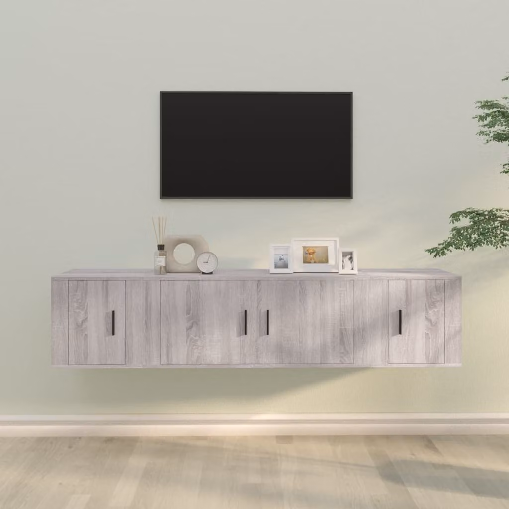 Set di mobili porta TV da 3 pezzi vidaXL in legno multistrato grigio per soggiorno moderno con montaggio a parete