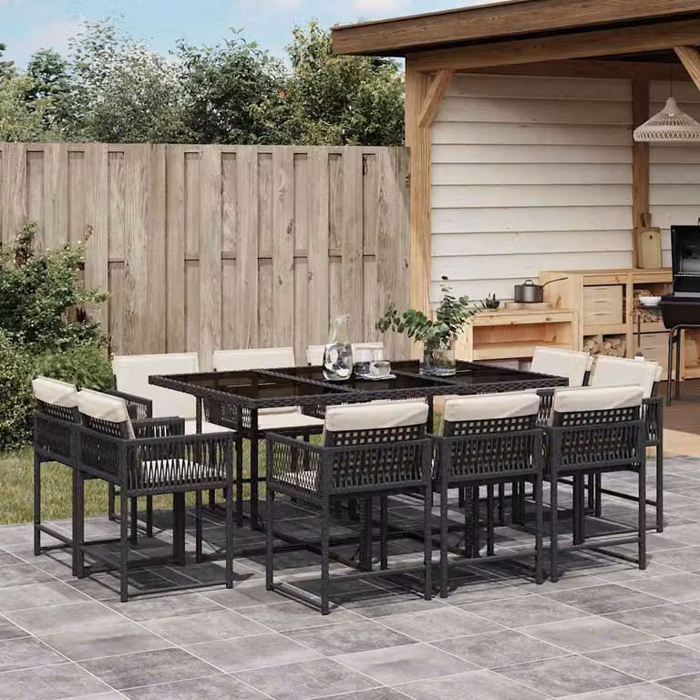 Set da Pranzo da Giardino vidaXL in Polyrattan Nero con Cuscini e Tavolo in Vetro 11 pz