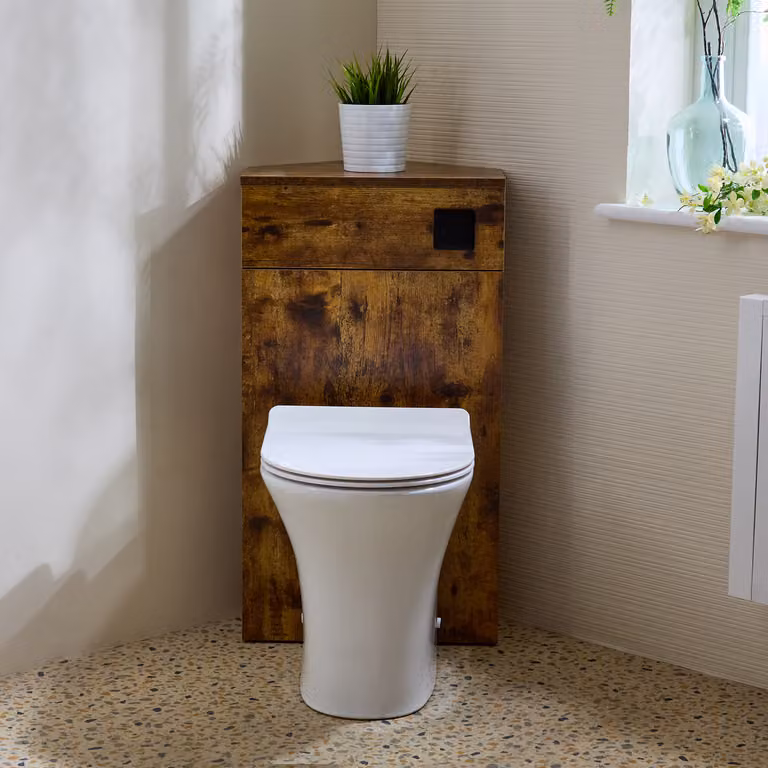 Unità WC Angolare per WC in Rovere Scuro con Sanitario Marbury - con Pulsante di Scarico Nero - Cluo