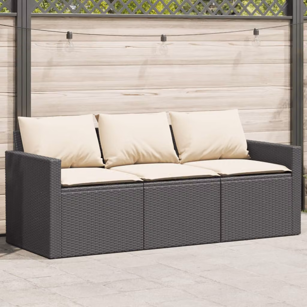 vidaXL Divano da Giardino a 3 Posti in Polyrattan Nero con Cuscini Imbottiti e Rivestimenti Rimovibili