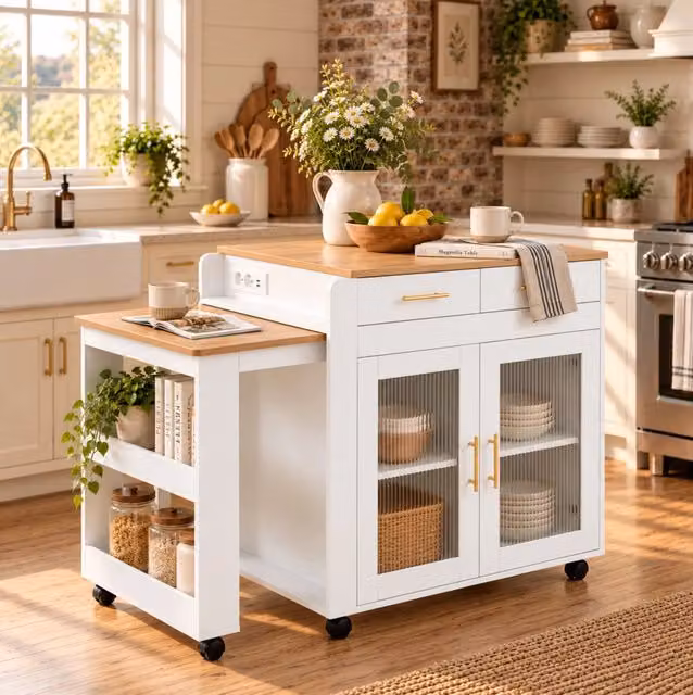 Isola da cucina con tavolo estraibile 116/177 cm; prese USB e ruote; bianca