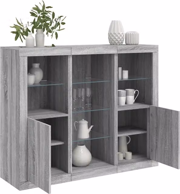 Credenze con Luci LED 3 pz Grigio Sonoma in Legno Multistrato 3209126