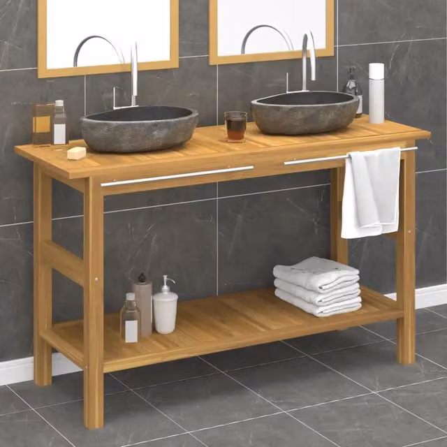 Mobile Vanità Bagno vidaXL in Teak con Lavandini in Pietra Fiume Marrone e Nero L/P/H: 132 x 75 x 45 cm