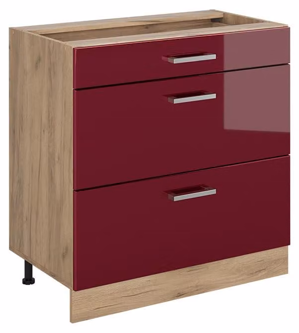 Mobiletto base per cucina Vicco R-Line Rosso lucido/Rovere dorato 80 cm con 3 cassetti senza piano di lavoro, Model 72447