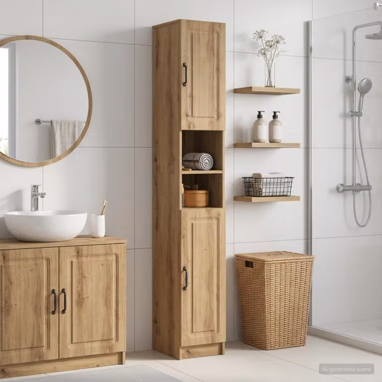 Armadio da Bagno Moderno vidaXL UTRECHT con Ripiano Aperto e Ante a Battente in Legno e Metallo, Marrone e Nero, L: 60 cm, P: 30 cm, H: 187 cm
