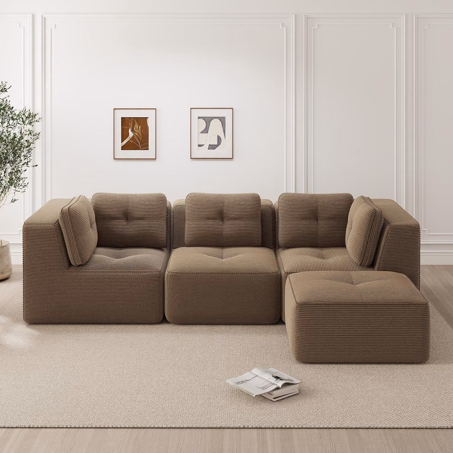 Divano angolare a forma di L, senza cornice, rivestito in tessuto Cord, con poggiapiedi, 3 posti, seduta profonda, non richiede montaggio (marrone)