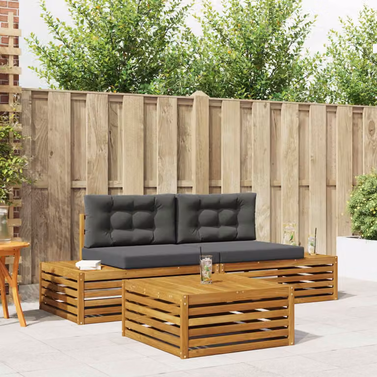 Set di mobili da giardino vidaXL composto da 2 divani da esterno a 2 posti e un tavolino da caffè in legno di acacia con cuscini beige e antracite