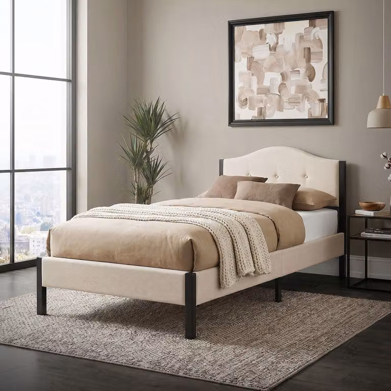 Letto imbottito ML-Design 90x200 cm, beige, letto singolo con solida struttura, testiera e rete a doghe. Letto moderno per ragazzi rivestito in tessuto di lino.