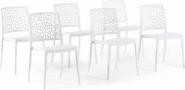 set di 6 sedie impilabili in polipropilene con fibre di vetro per giardino o interno, idrorepellenti e resistenti, moderne - ALINA - Bianco