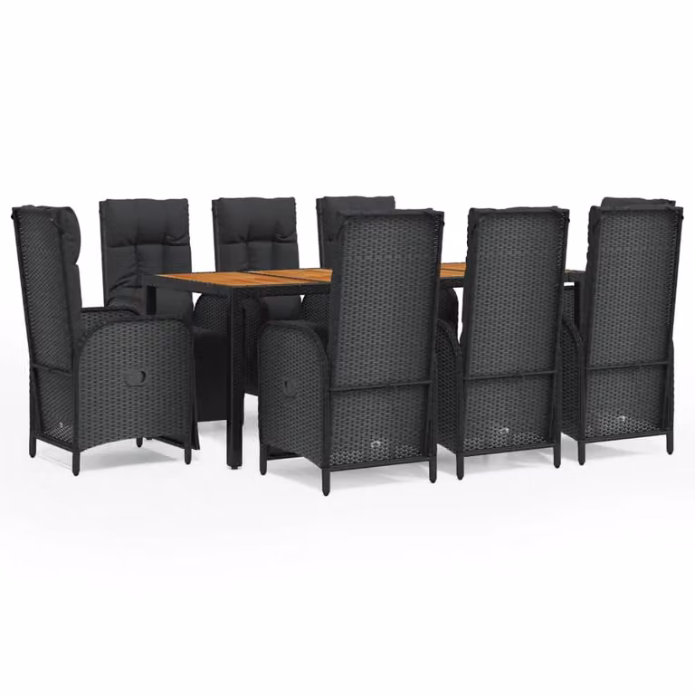 Set da Pranzo da Giardino 9 pz con Cuscini Nero in Polyrattan