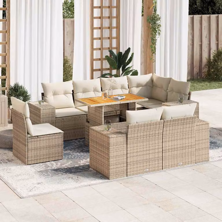 Set Divano da Giardino vidaXL 9 pz a Forma a L con Cuscini Beige e Tavolino da Caffè in Polyrattan e Acciaio