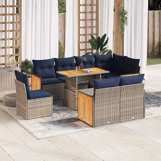 Set Divano da Giardino 9pz con Cuscini Grigio Polyrattan Acacia 3327729
